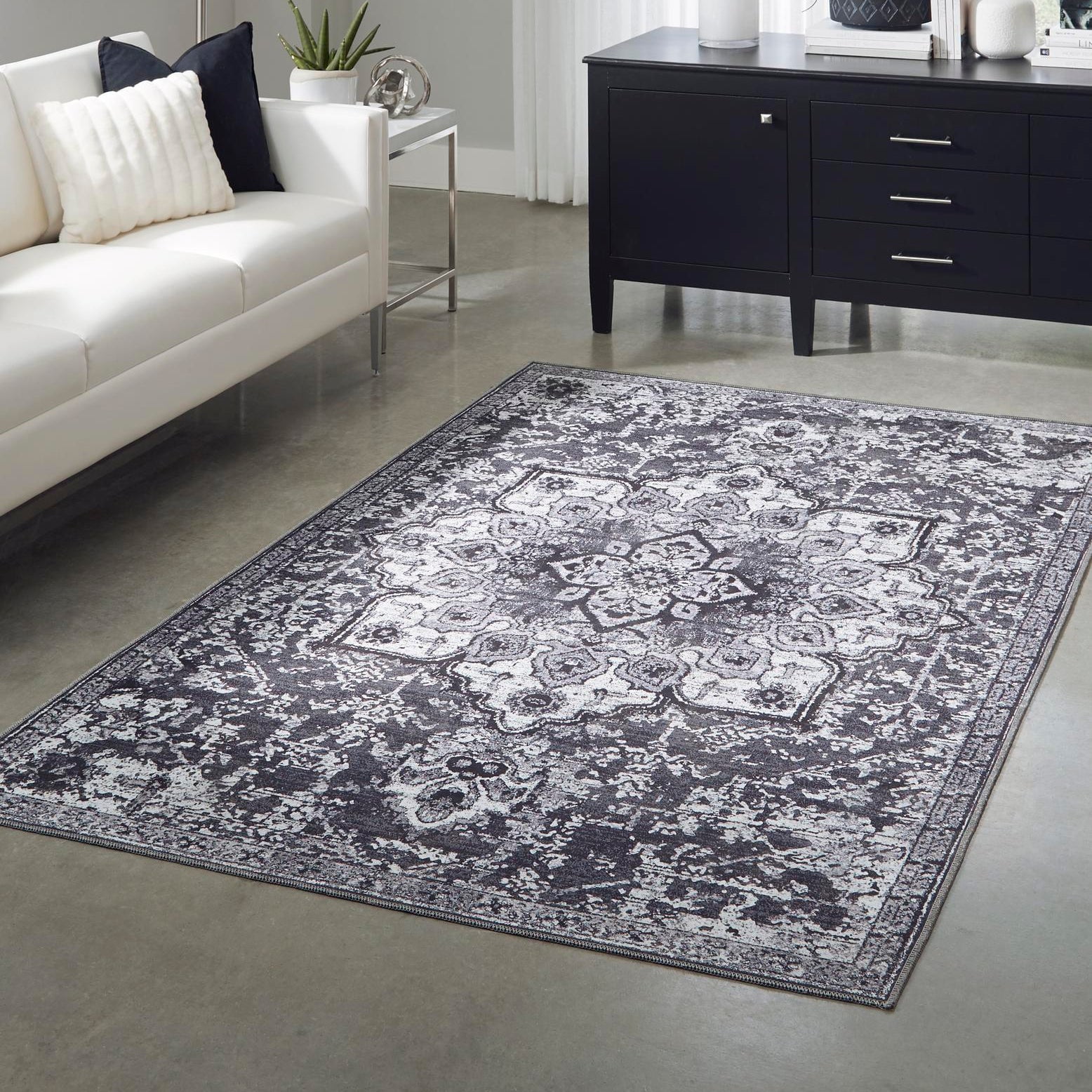 Dark Gray Rectangular Medallion Synthetic Washable Area Rug