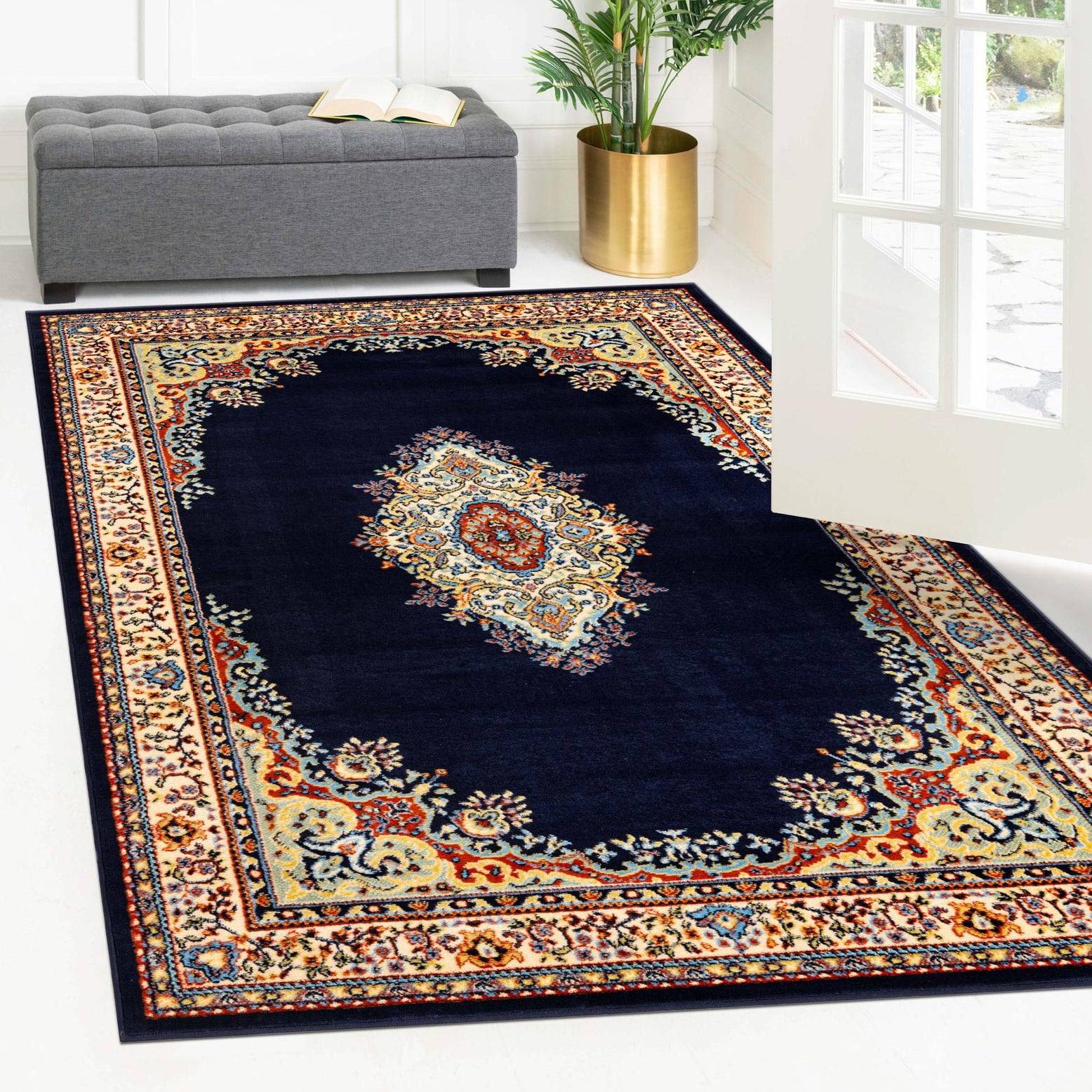 Handmade Navy Blue Rectangular Medallion Synthetic Rug