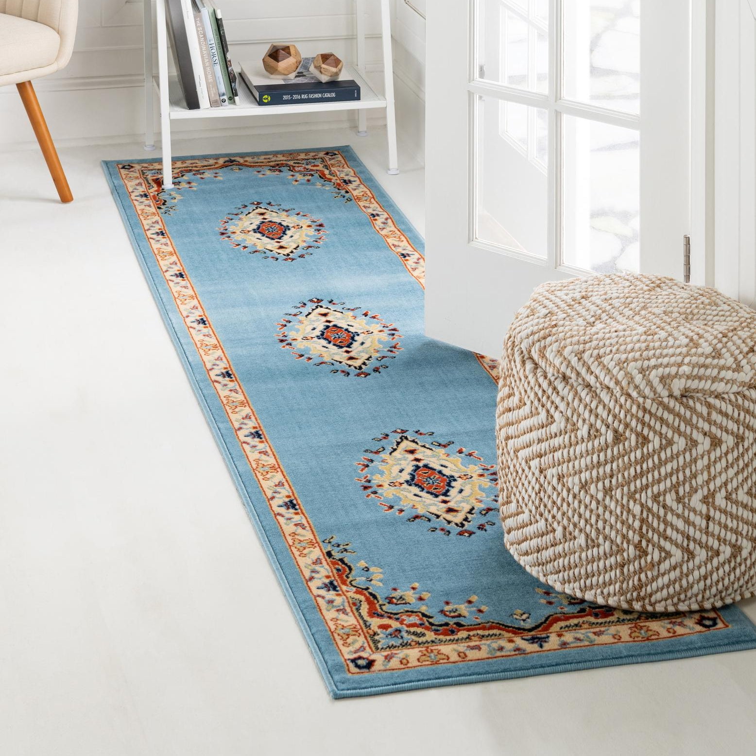 Elegant Light Blue Medallion Runner Rug, 3' x 16' 5", Synthetic Easy-Care