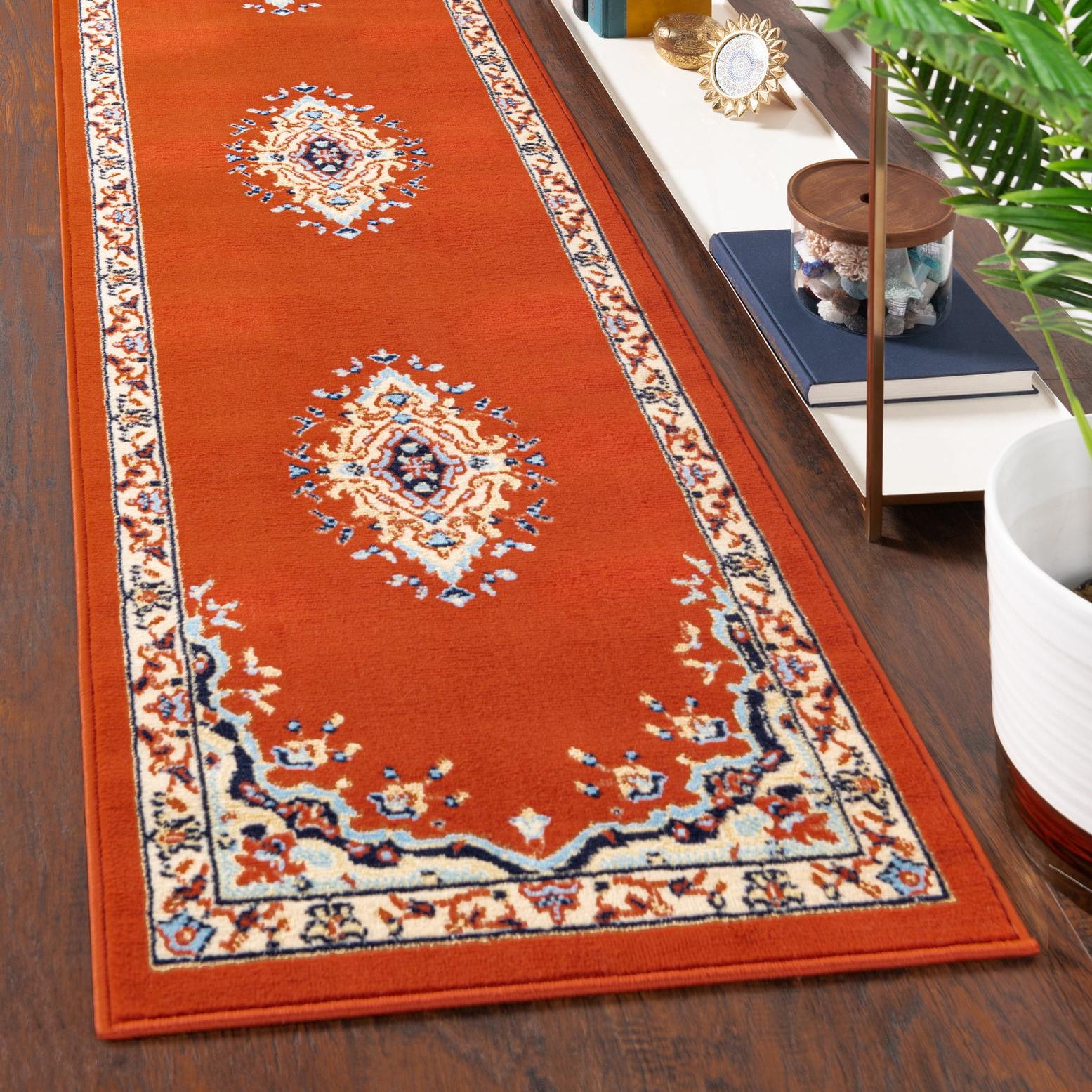 Terracotta and Cream Medallion Synthetic Runner Rug 3' x 16' 5"