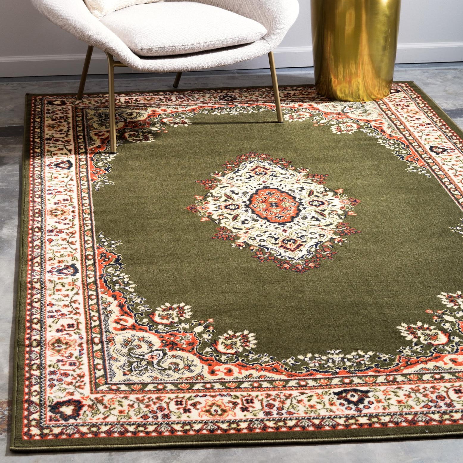 Green and Cream Medallion Synthetic Rectangular Area Rug