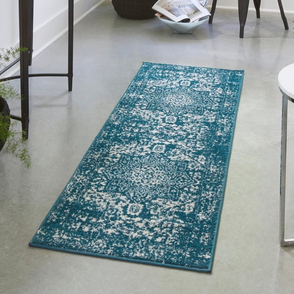 Unique Loom Richmond Collection Area Rug - Medallion (2' x 8' Runner Turquoise/Ivory)