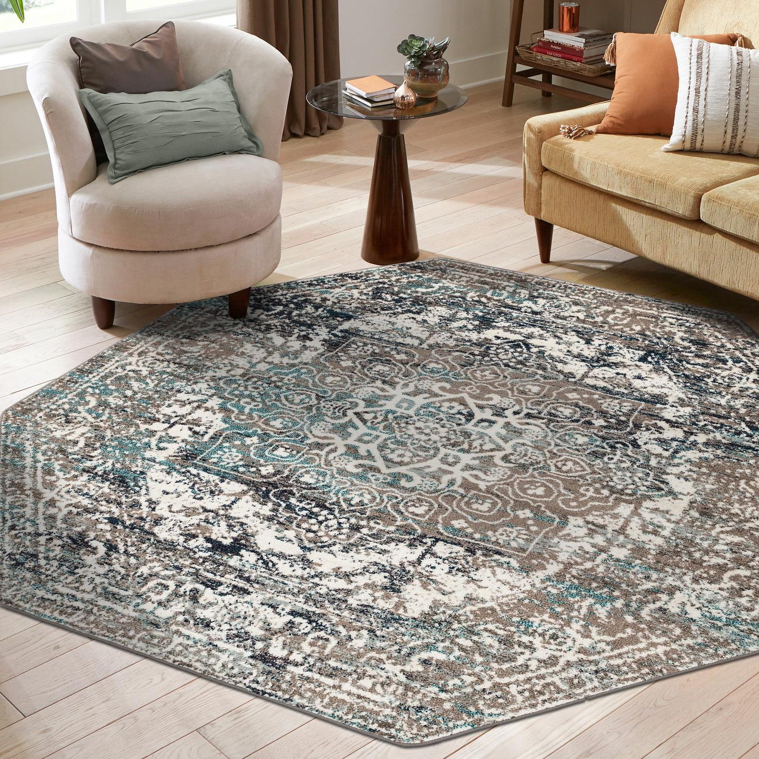 Arlington Gray Octagon Medallion Synthetic Rug