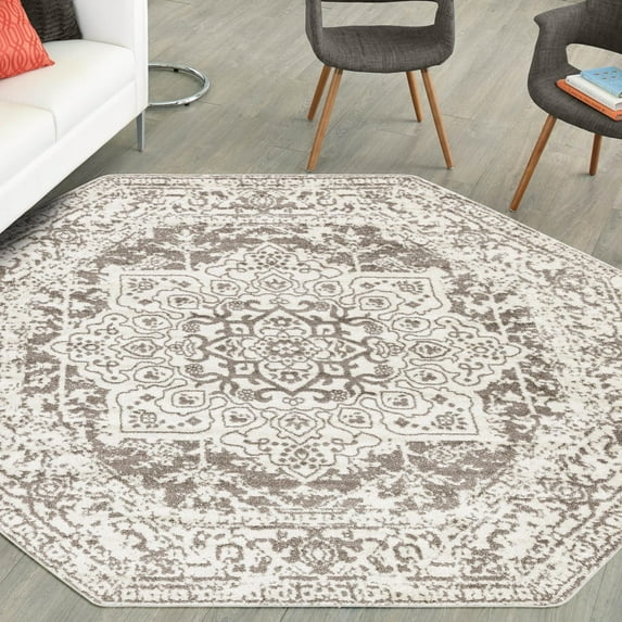 Unique Loom Richmond Collection Area Rug - Medallion (5' 1" Octagon White/Gray)
