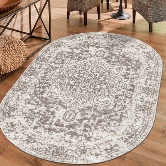 Unique Loom Richmond Collection Area Rug - Medallion (5' 1" x 8' Oval White/Gray)