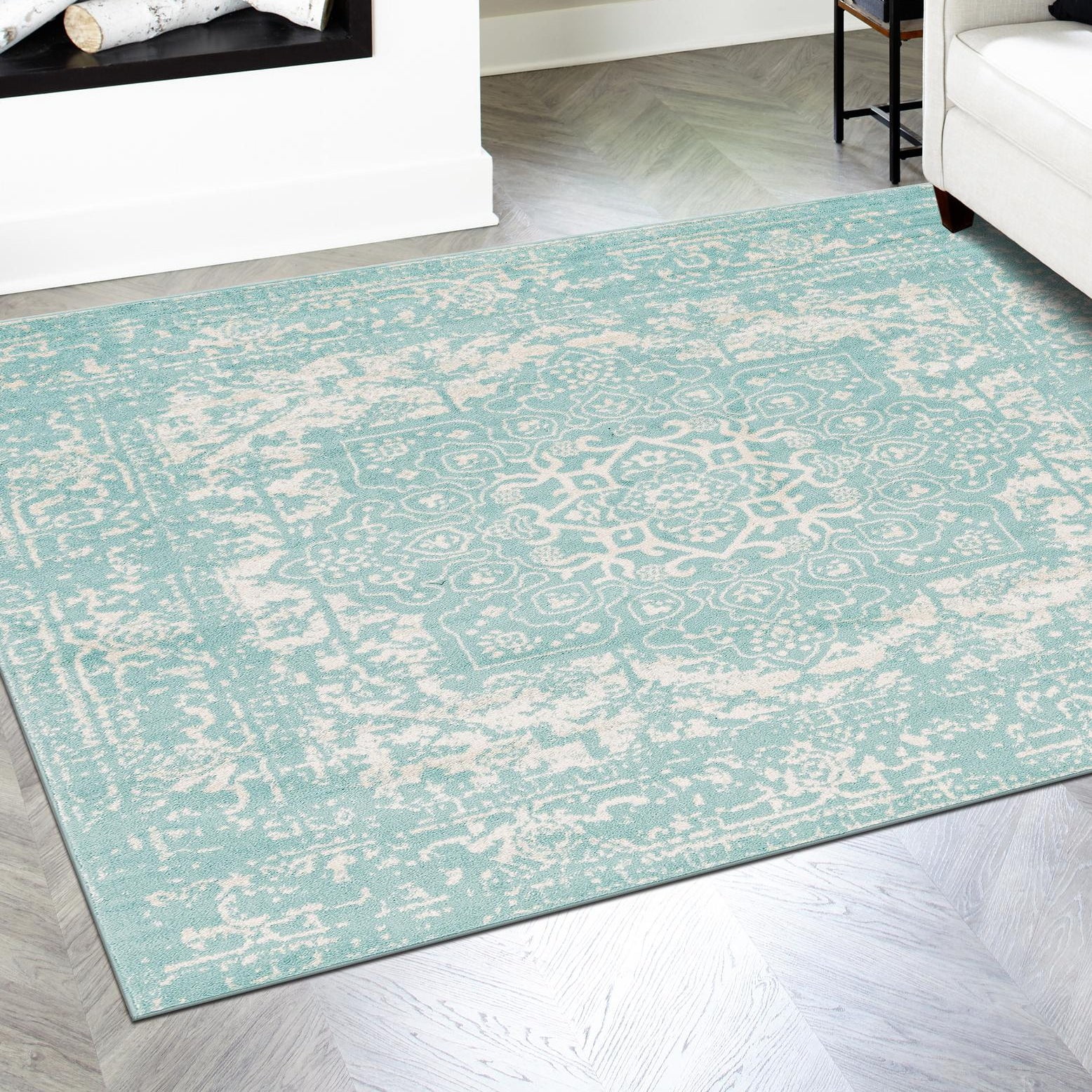 Aqua Medallion Square Synthetic Easy Care Rug