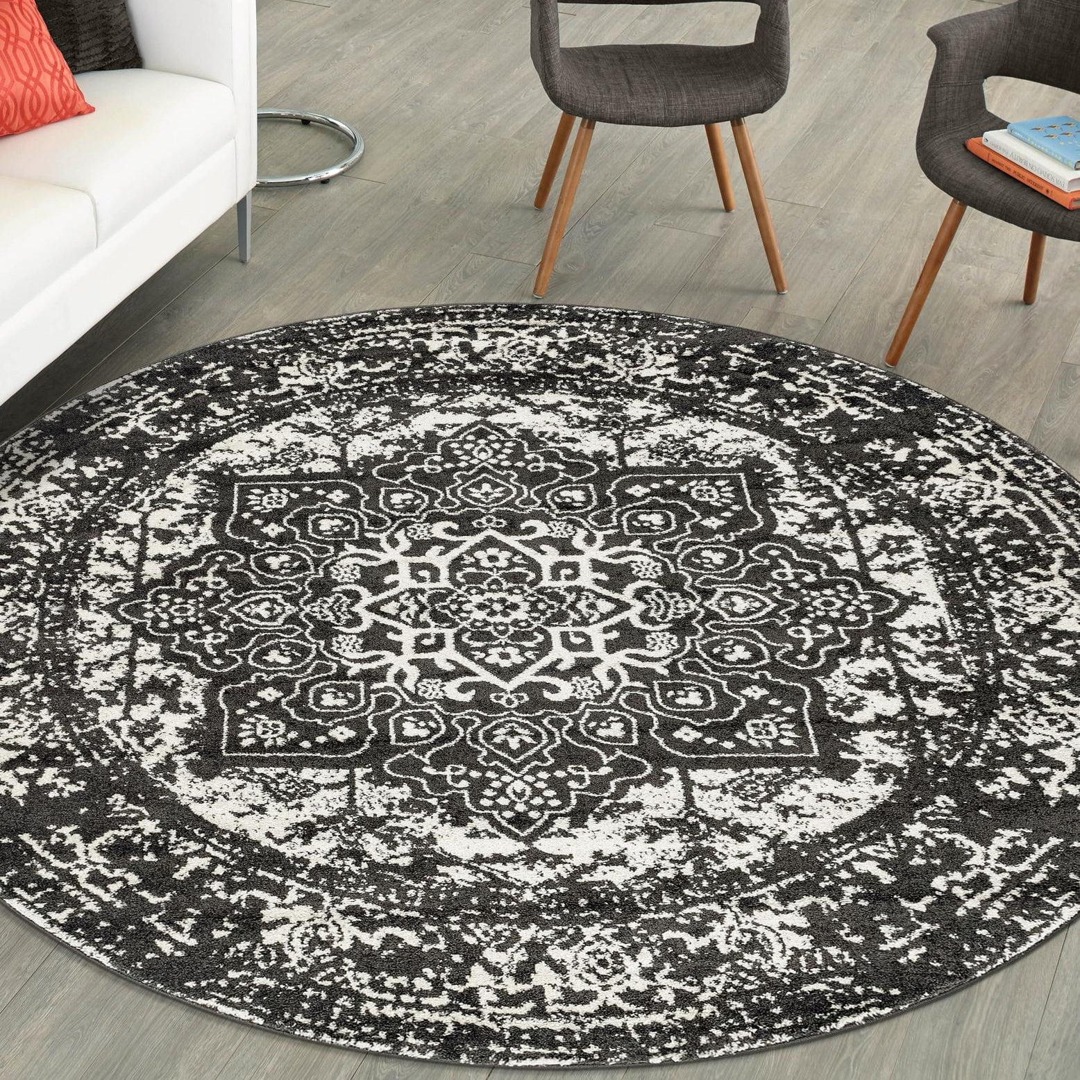 Arlington Round Dark Gray Medallion Synthetic Area Rug