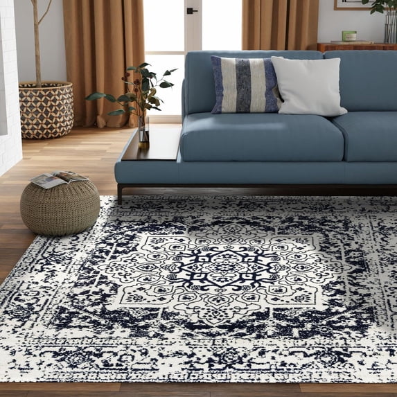 Unique Loom Richmond Collection Area Rug - Medallion (5' 3" Square Blue/Ivory)