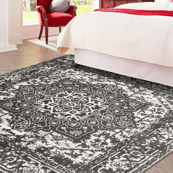 Unique Loom Richmond Collection Area Rug - Medallion (5' 3" Square Dark Gray/Ivory)