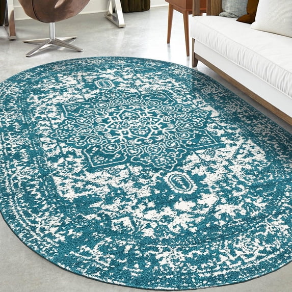 Unique Loom Richmond Collection Area Rug - Medallion (5' 3" x 8' Oval Turquoise/Ivory)