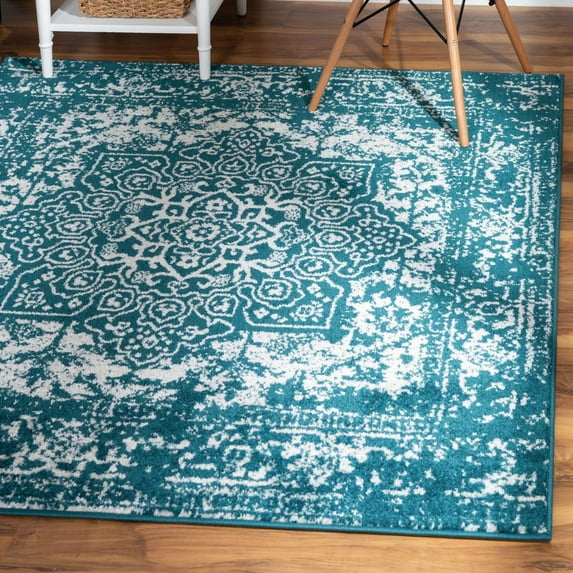 Unique Loom Richmond Collection Area Rug - Medallion (7' 10" Square Turquoise/Ivory)