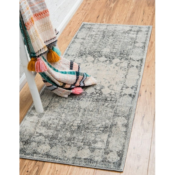 Unique Loom Rockwell Asheville Rug Gray/Beige 2' 2" x 6' 1" Runner Border Farmhouse Perfect For Bathroom Hallway Mud Room Laundry Room
