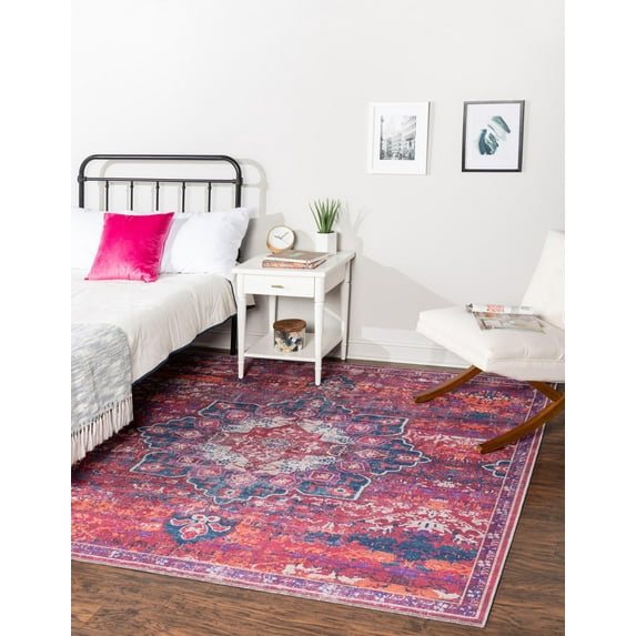 Unique Loom Roma Renaissance Rug Multi Fuchsia/Ivory 5' 3" Square Machine Washable Textured Border Transitional Flatweave Perfect For Dining Room Living Room Bed Room