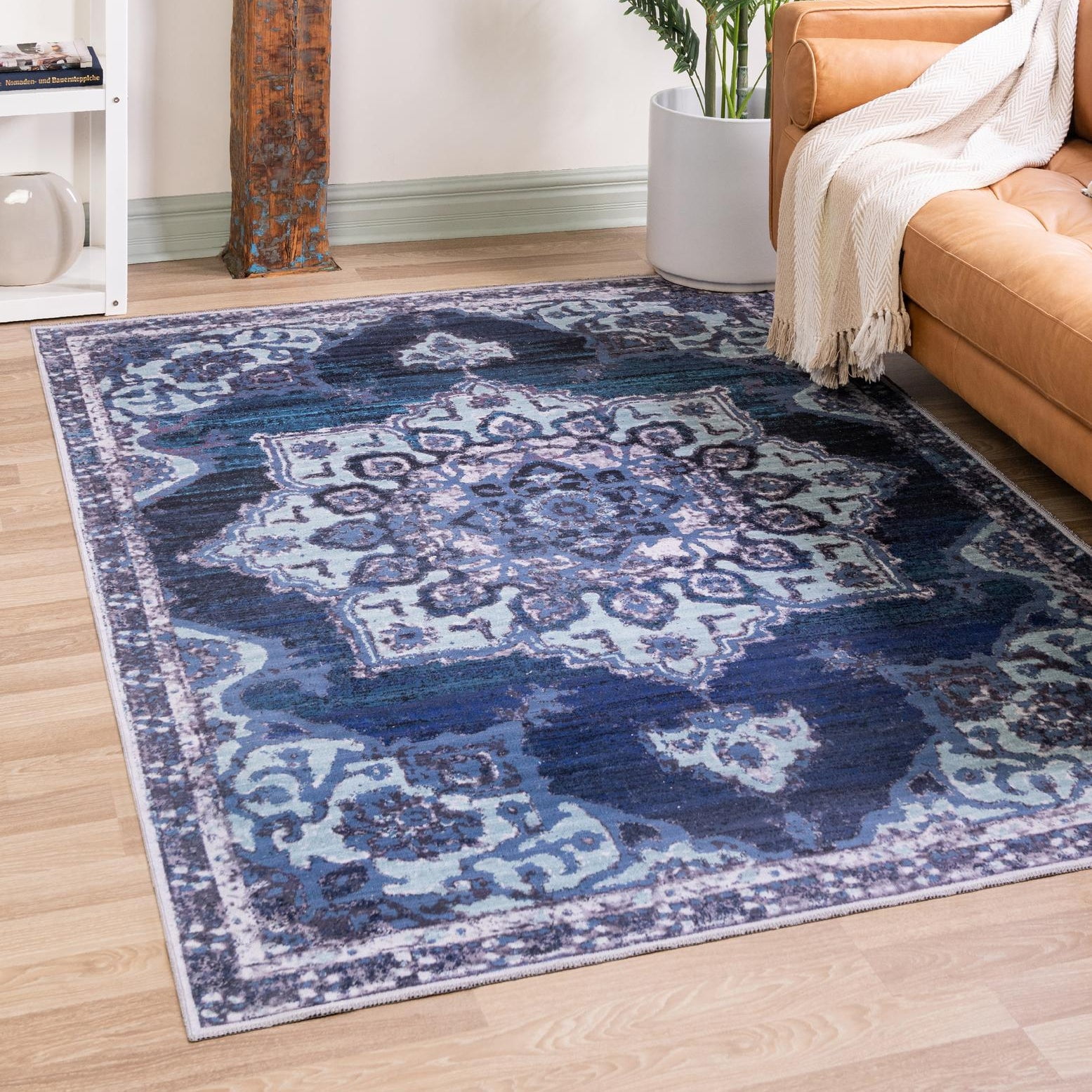 Navy Blue Medallion Washable Synthetic Area Rug