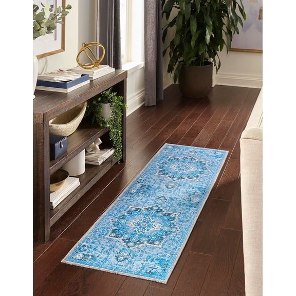 Unique Loom Roma Renaissance Washable Rug ,2' 7" x 12' 2",Aqua Blue