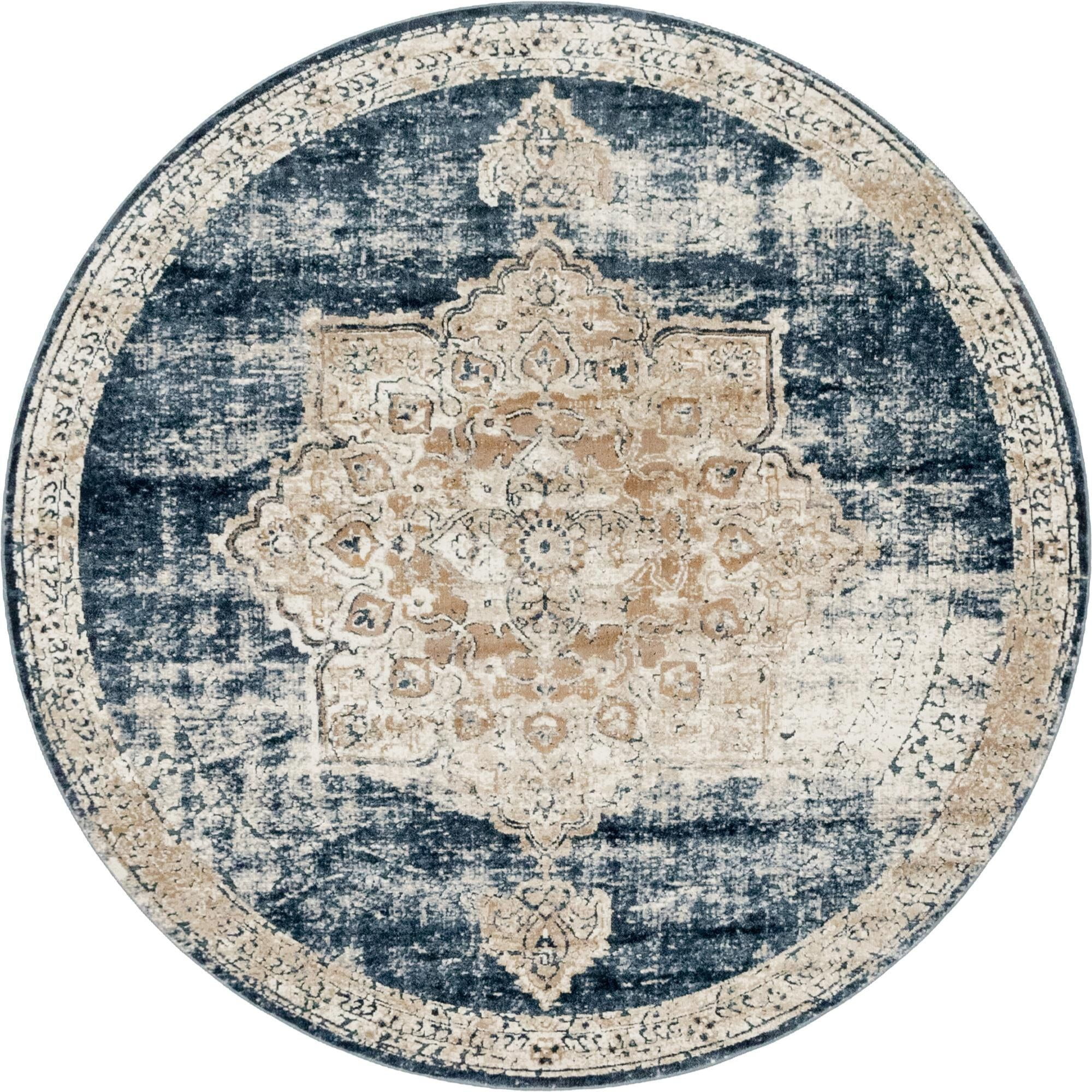 Unique Loom Roosevelt Chateau Rug Dark Blue/Beige 6' 1" Round Border Traditional Perfect For