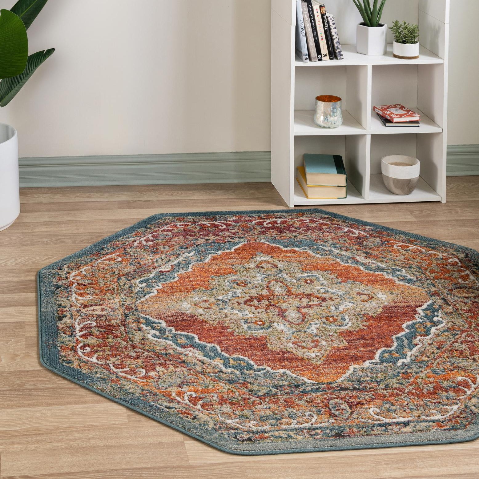 Rust Red Floral Octagon Stain-Resistant Indoor Rug
