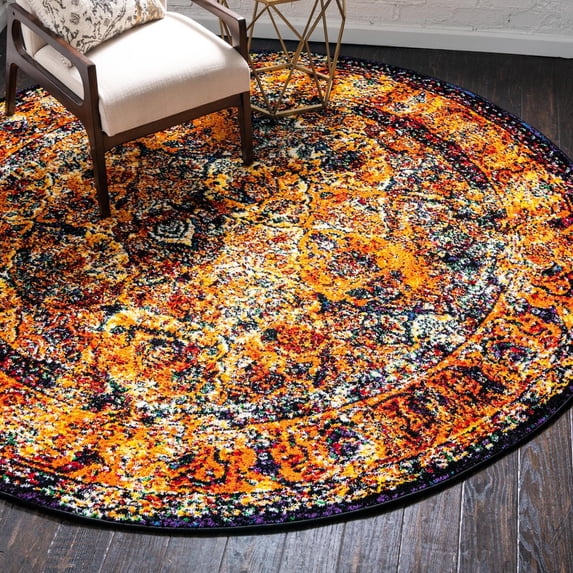 Unique Loom Rosso Collection Area Rug - Basilica (8' Round Orange/Black)