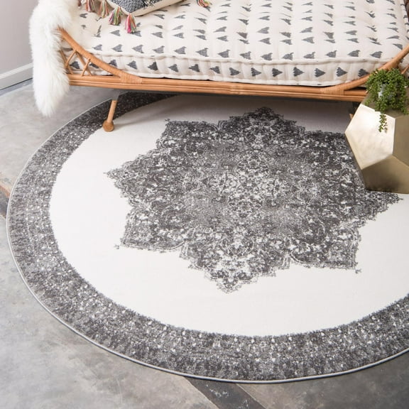 Unique Loom Rosso Collection Area Rug - Canal (4' 1" Round Gray/Ivory)