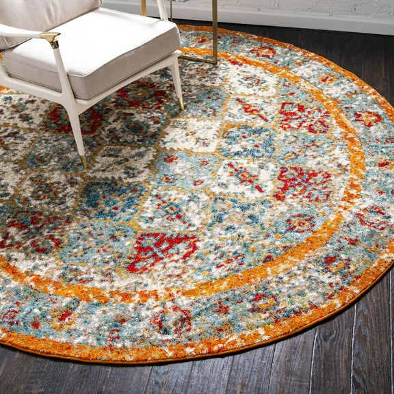 Unique Loom Rosso Collection Area Rug - Gabrieli (8' Round Beige/Blue)