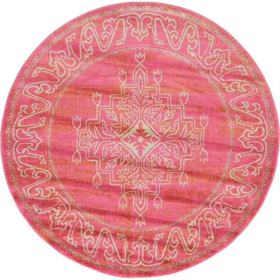 Unique Loom Round Color Bordered Traditional Area Rugs, Pink