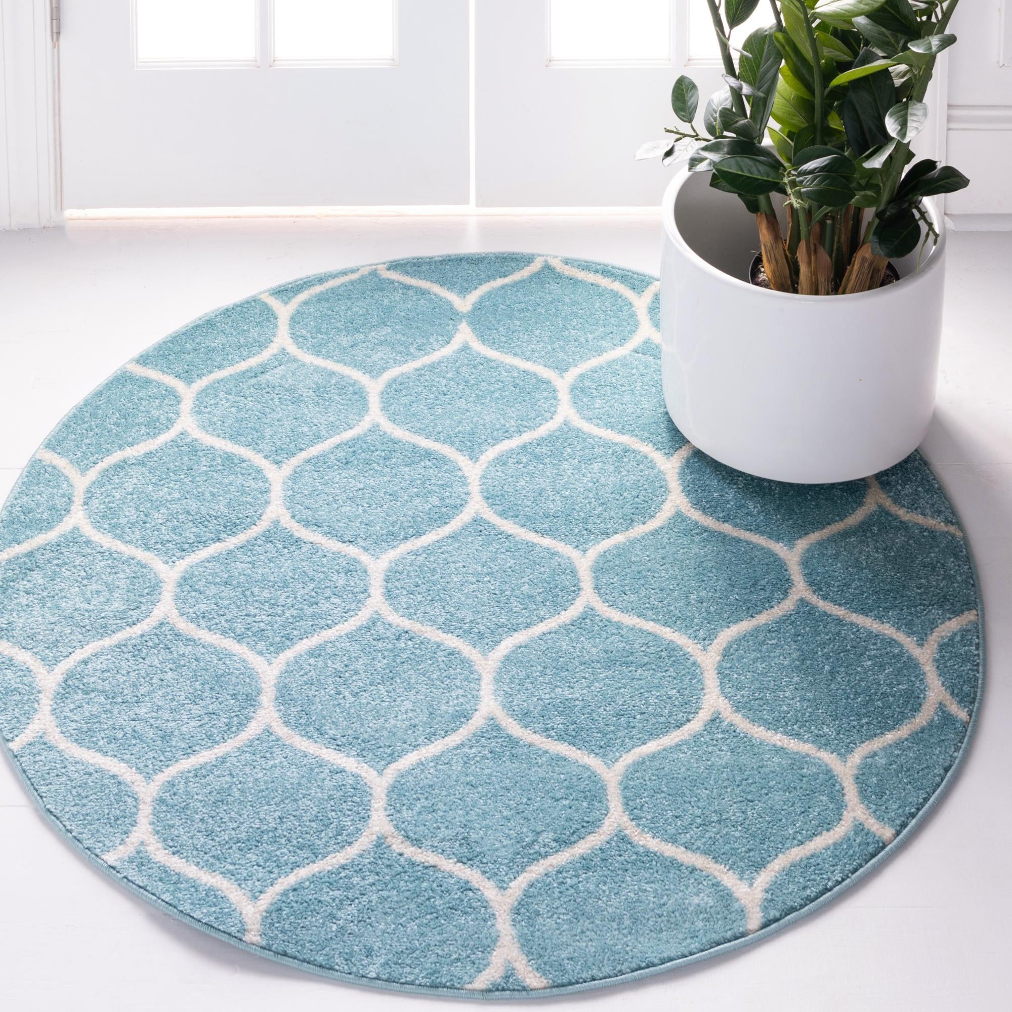 Unique Loom Rounded Trellis Frieze Rug Light Blue/Ivory 4' 1" Round