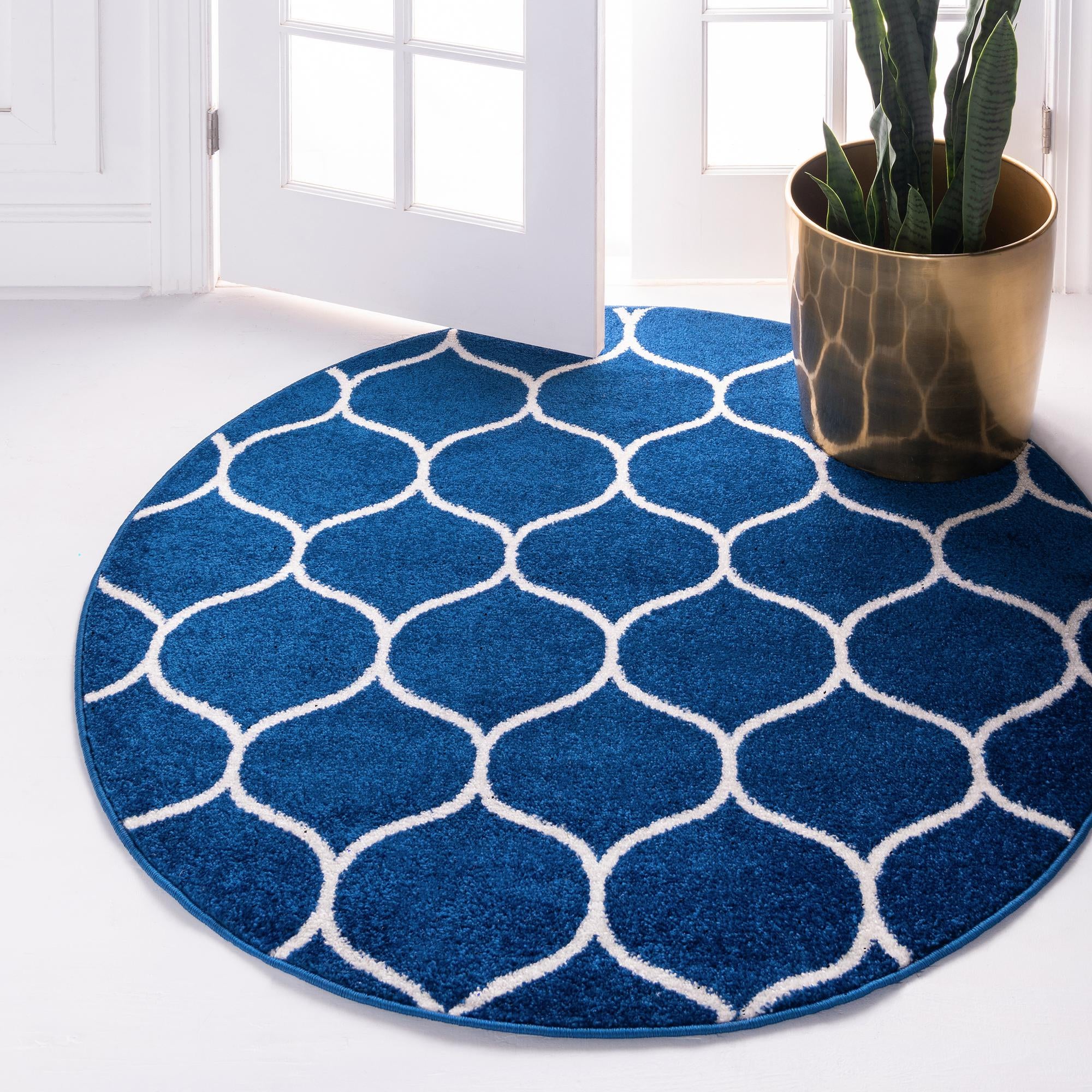 Unique Loom Rounded Trellis Frieze Rug Navy Blue/Ivory 3' Round Trellis