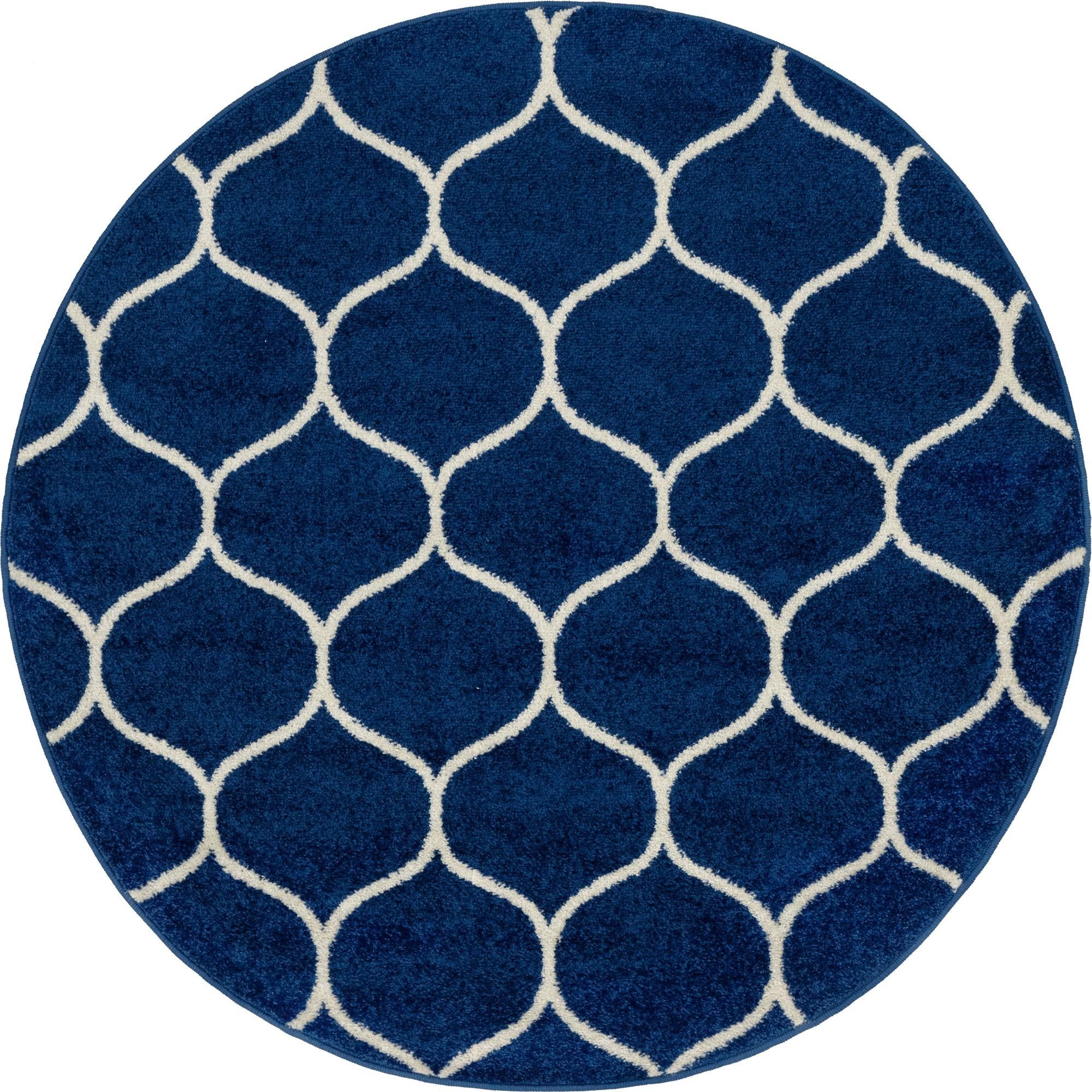 Unique Loom Rounded Trellis Frieze Rug Navy Blue/Ivory 4' 1" Round