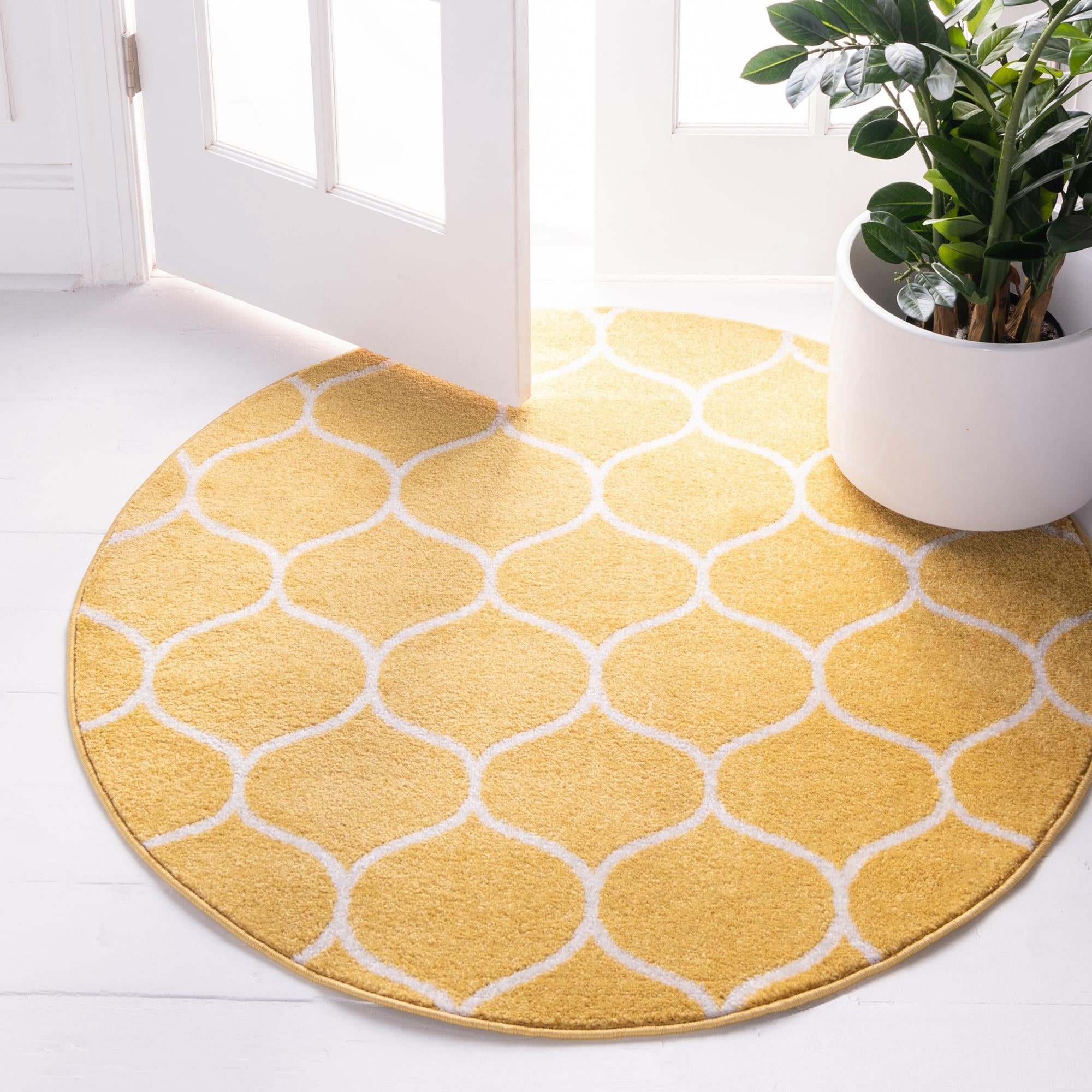 Unique Loom Rounded Trellis Frieze Rug Yellow/Ivory 8' Round Trellis