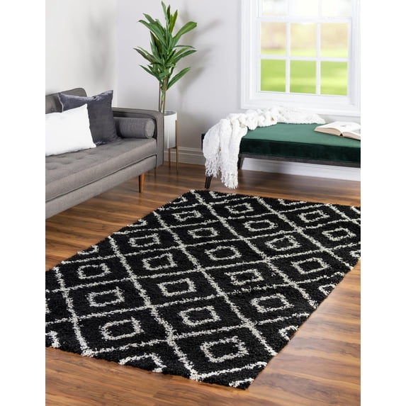 Unique Loom Ruth Trellis Shag Rug ,Rectangle,4' 1" x 6' 1" Black and White Modern Trellis Living Room Bed Room Dining Room