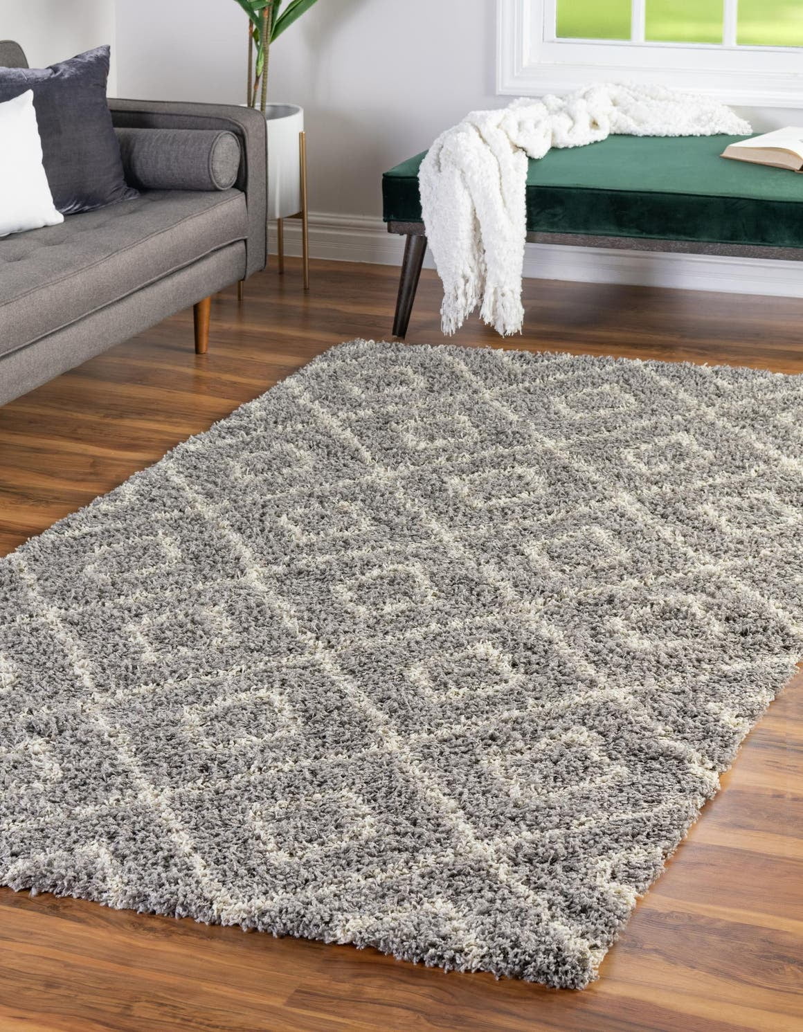 Unique Loom Ruth Trellis Shag Rug ,Rectangle,5' 3" x 8' 0" Gray Modern Trellis Living Room Bed