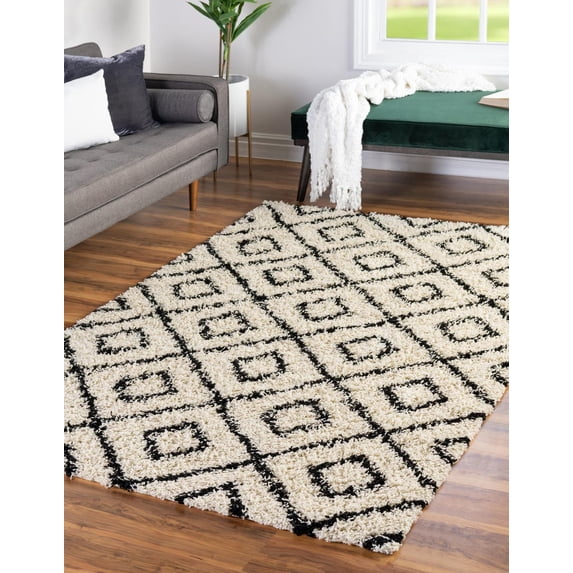 Unique Loom Ruth Trellis Shag Rug ,Rectangle,9' 0" x 12' 0" White and Black Modern Trellis Living Room Bed Room Dining Room