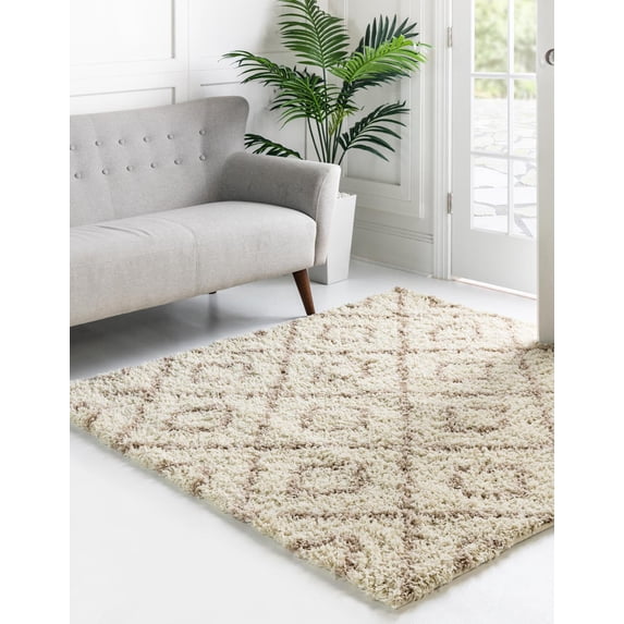 Unique Loom Ruth Trellis Shag Rug ,Square,10' 0" x 10' 0" Beige Modern Trellis Dining Room Living Room Bed Room