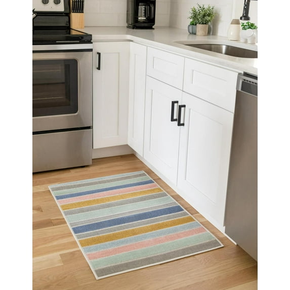 Unique Loom Sacred Lotus Rug Multi/Ivory 7' 10" x 10' Rectangle Striped Beach/Nautical Perfect For Living Room Bed Room Dining Room Office