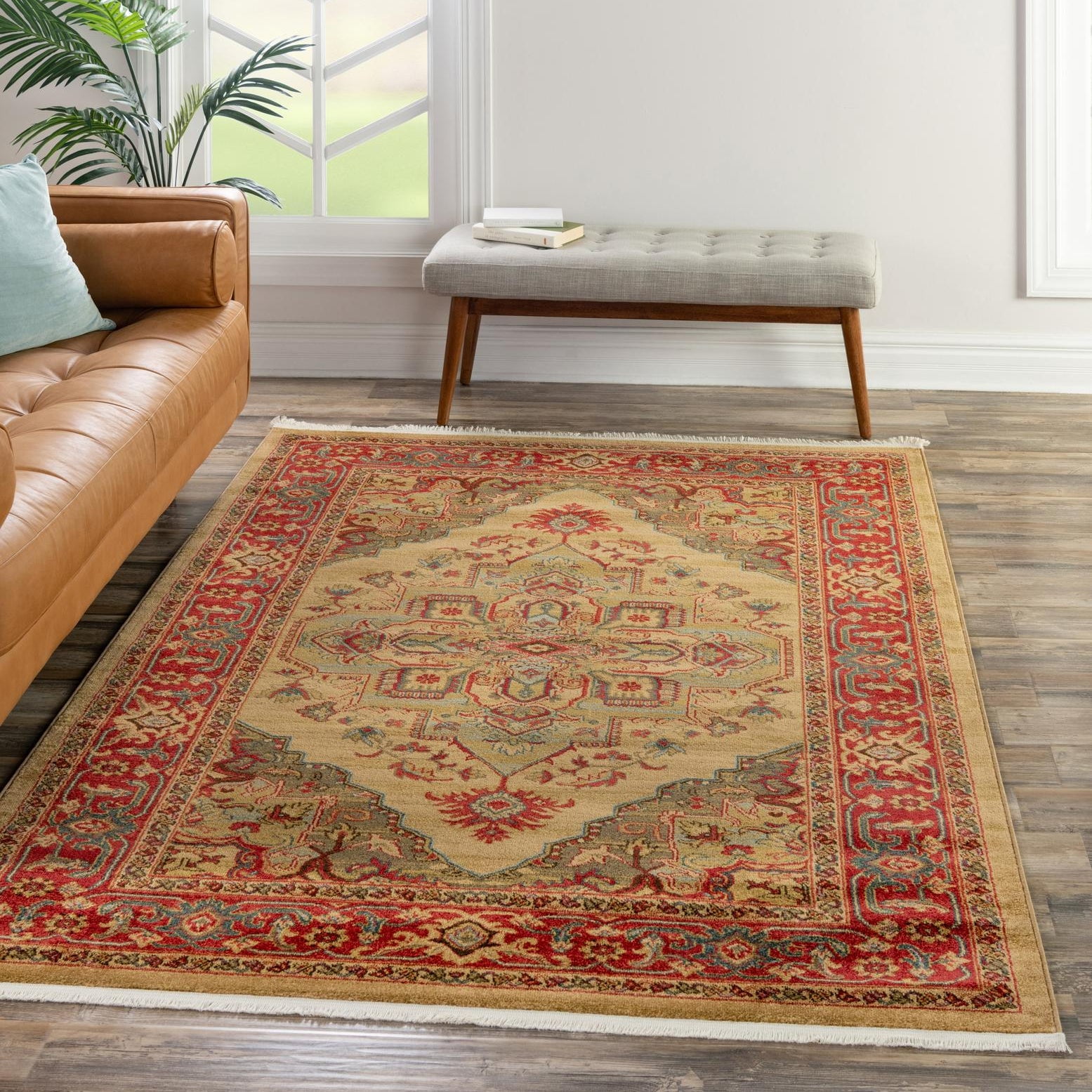 Sahand Persian Charm Easy-Care Rectangular Rug in Tan and Light Blue