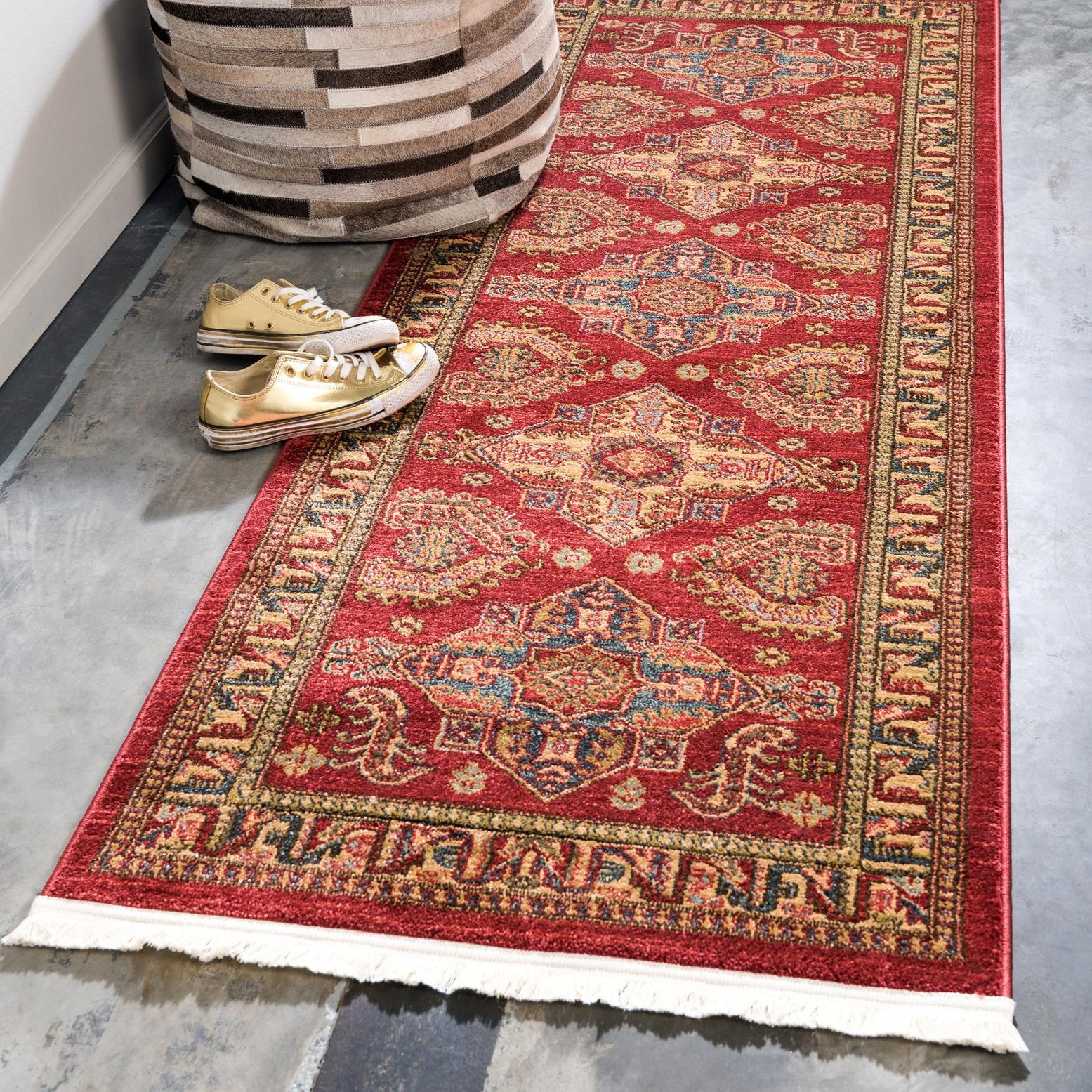 Traditional Red Synthetic Stain-Resistant Runner Rug