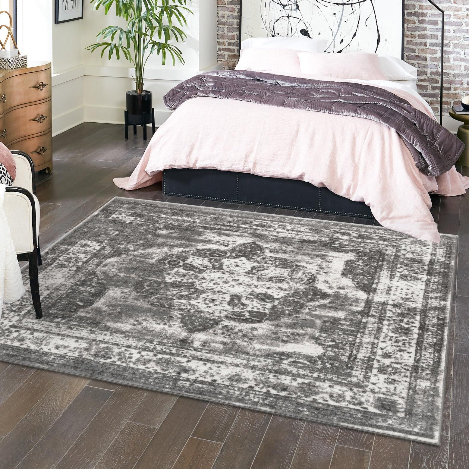 Gray and Light Gray Synthetic Square Area Rug
