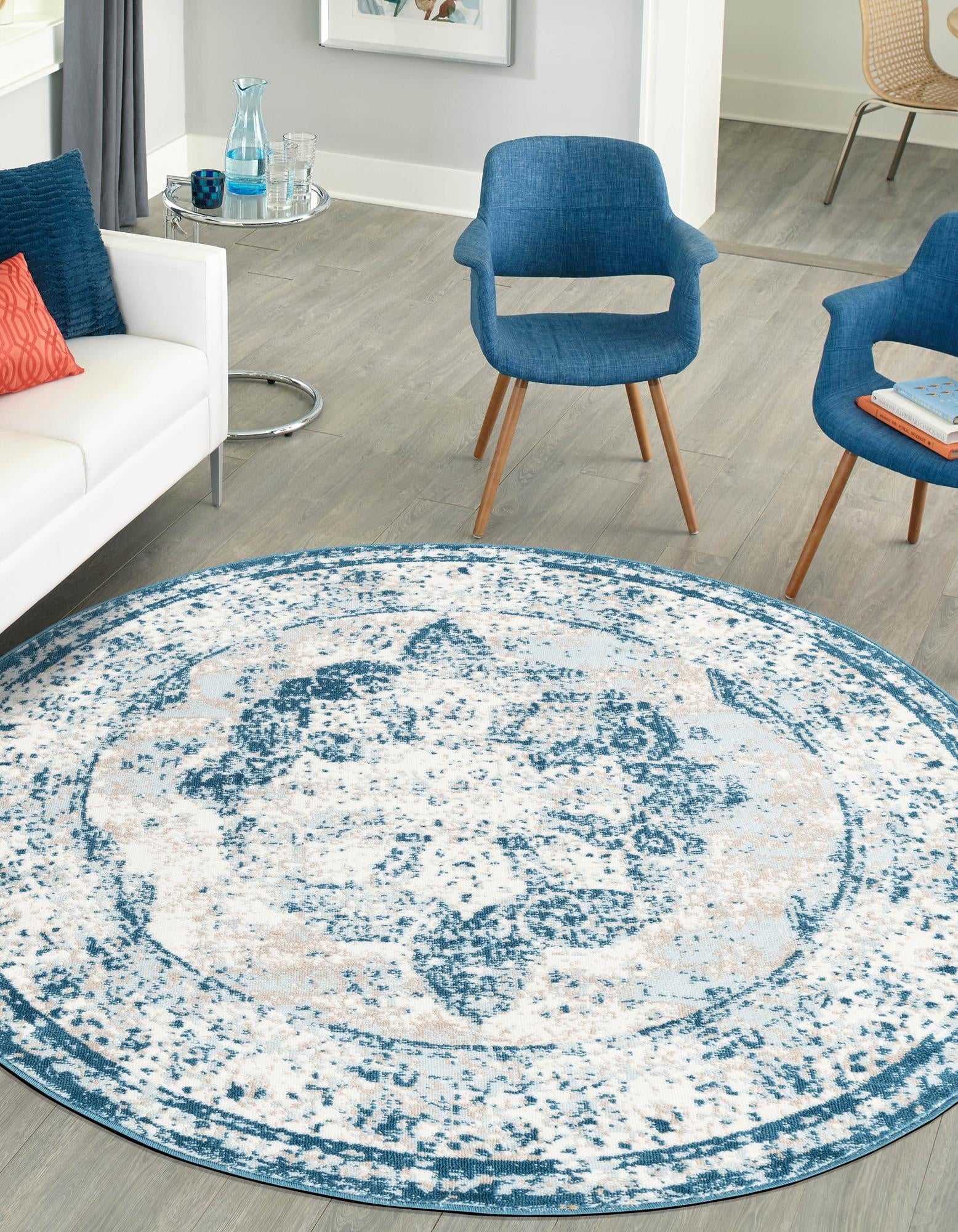 Reversible Round Blue and Light Blue Medallion Synthetic Rug