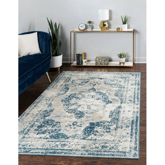 Unique Loom Salle Garnier Sofia Rug Blue/Ivory 7' 10" x 10' Rectangle Border Bohemian Perfect For Living Room Bed Room Dining Room Office