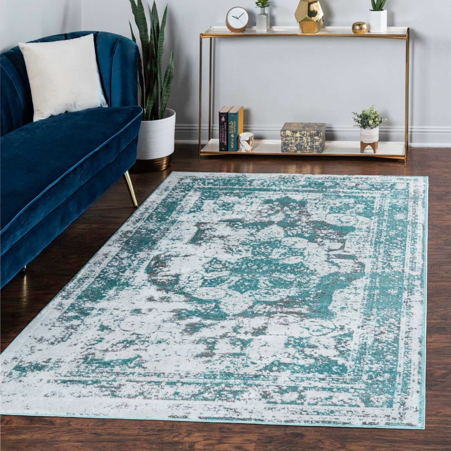 Turquoise and Light Blue Synthetic Low Pile Area Rug
