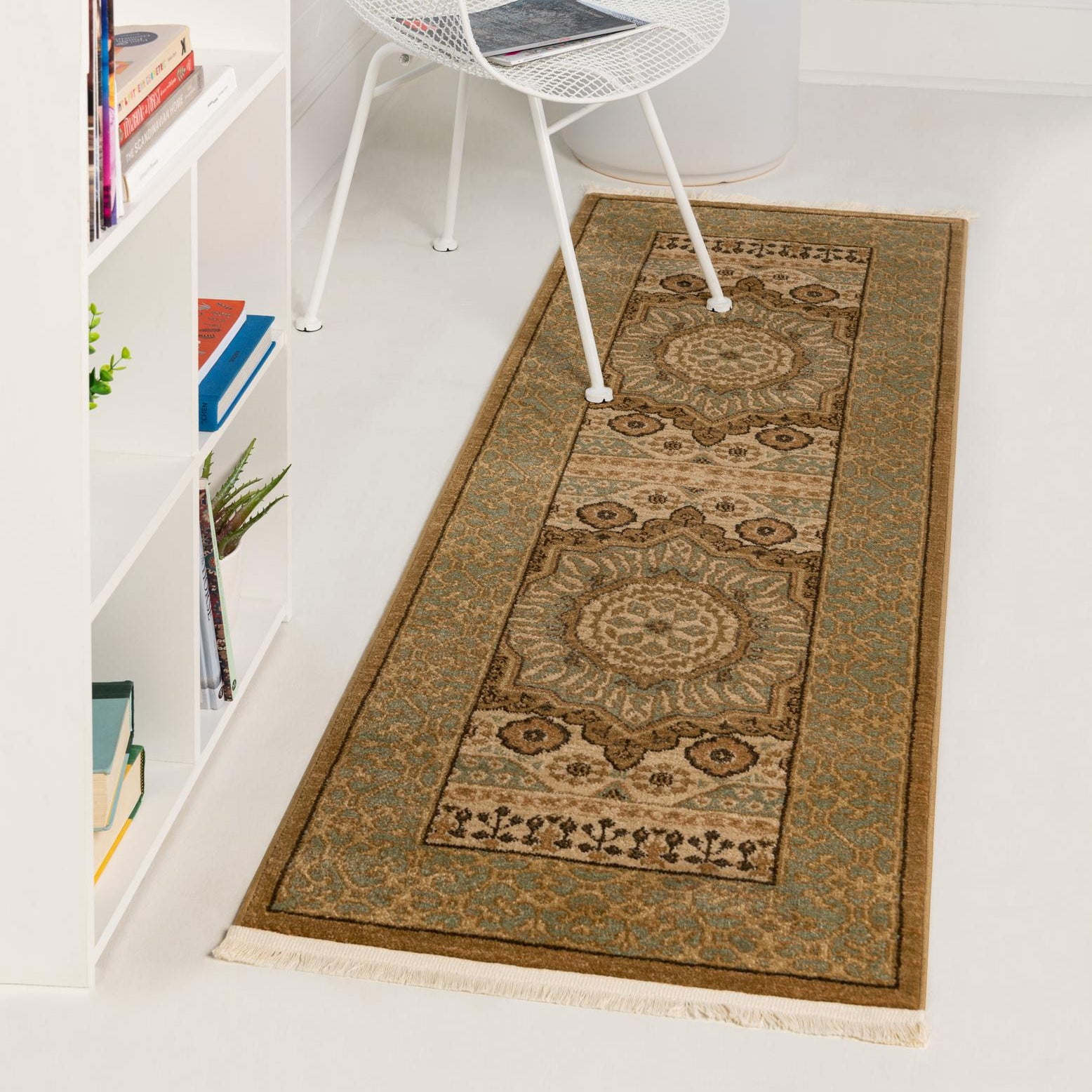 Ivory and Light Brown Synthetic Stain-Resistant Runner Rug