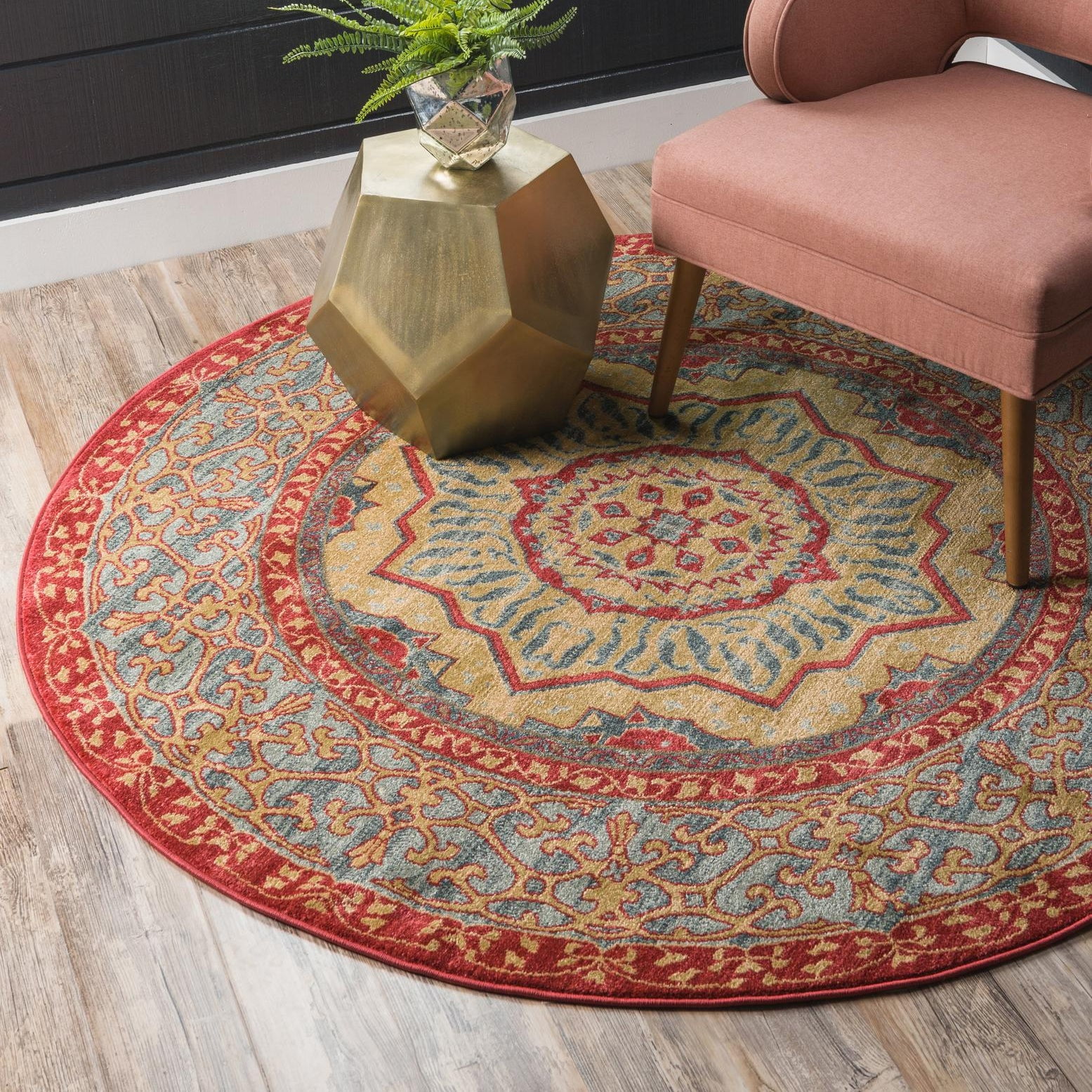 Navy Blue and Rust Red Round Synthetic Area Rug