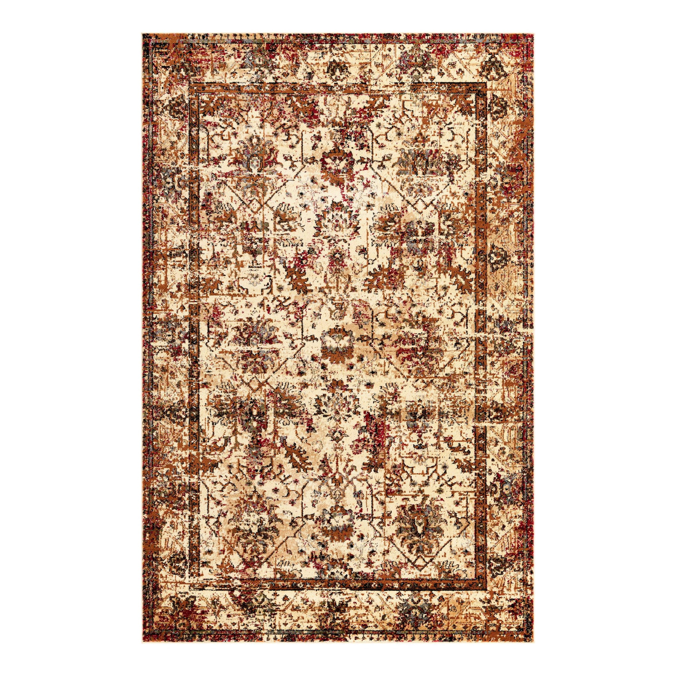 Ivory and Beige Geometric Synthetic Rectangular Area Rug