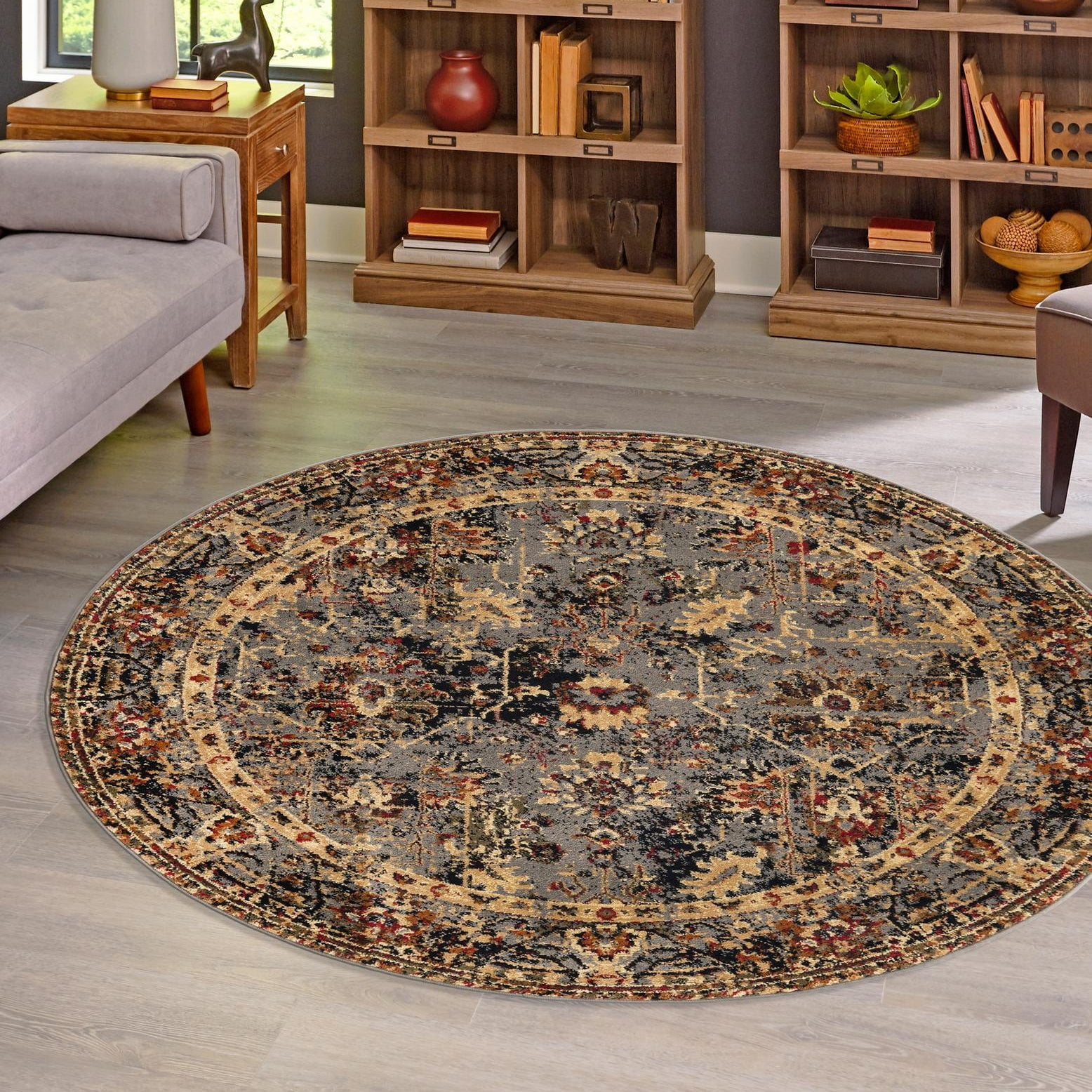 Saturn Blue and Black Round Geometric Rug for Kids