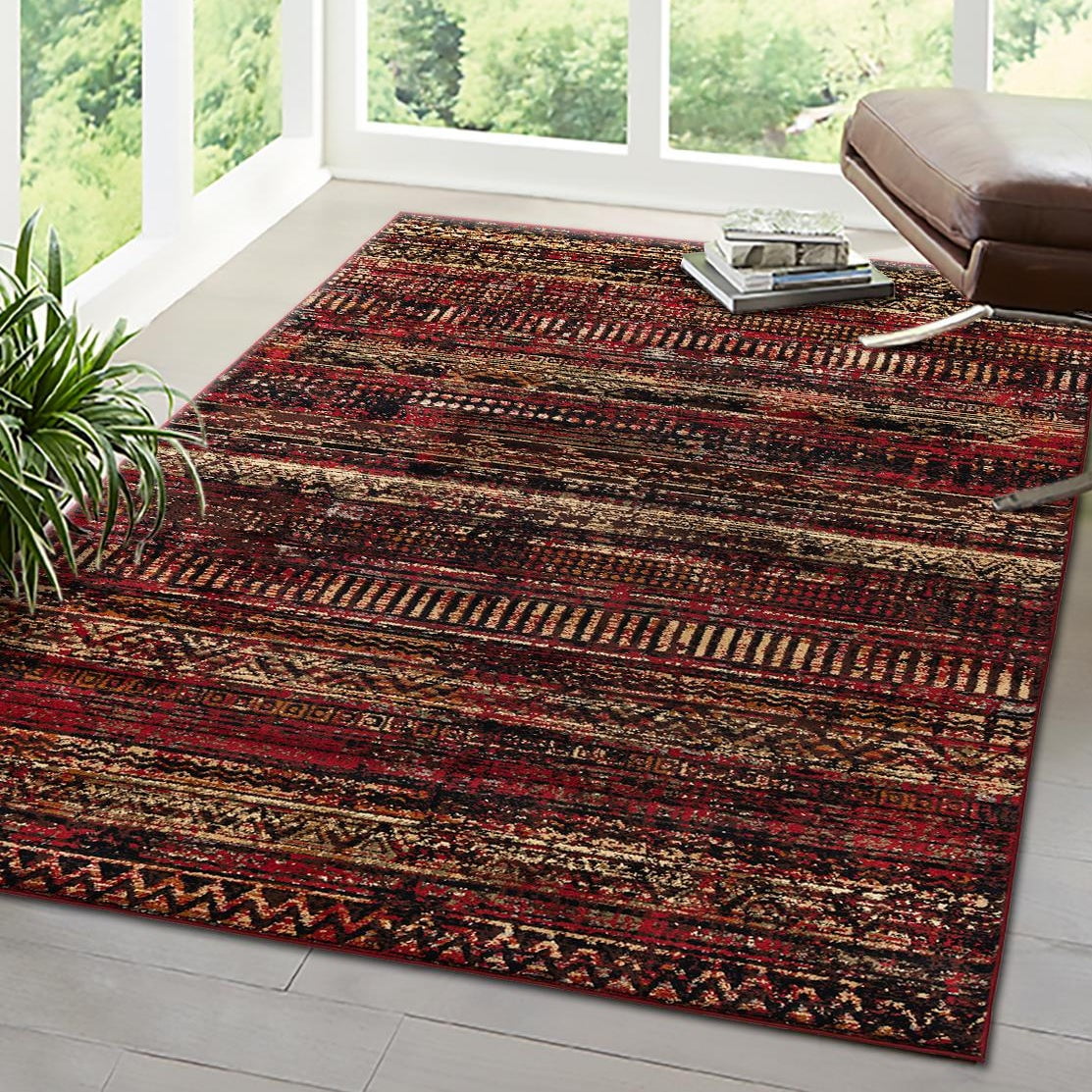 Burgundy Geometric Braided Rectangular Synthetic Rug 5' x 8'