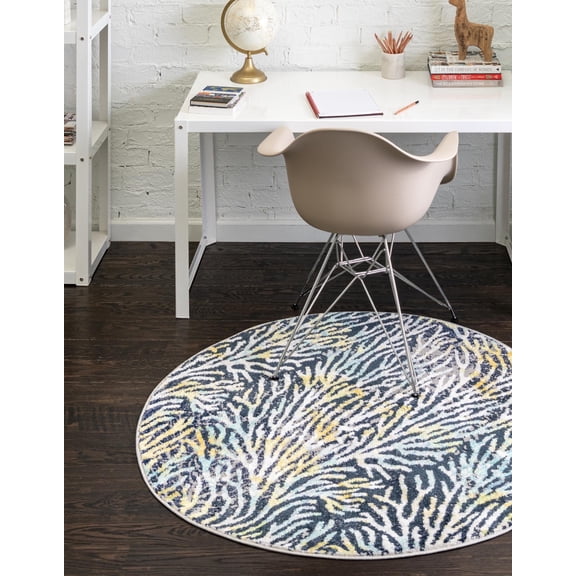 Unique Loom Ariel Collection Area Rug - Seaweed (4' Round Blue/Ivory)