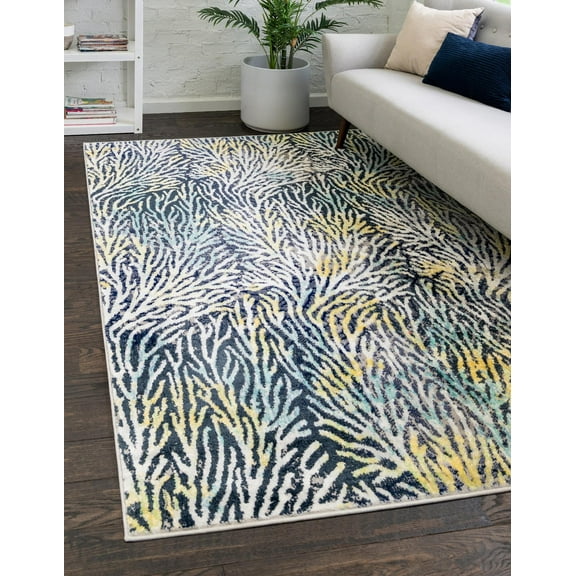 Unique Loom Seaweed Ariel Rug Blue/Ivory 5' 3" x 8' Rectangle Botanical Beach/Nautical Perfect For Living Room Bed Room Dining Room Office