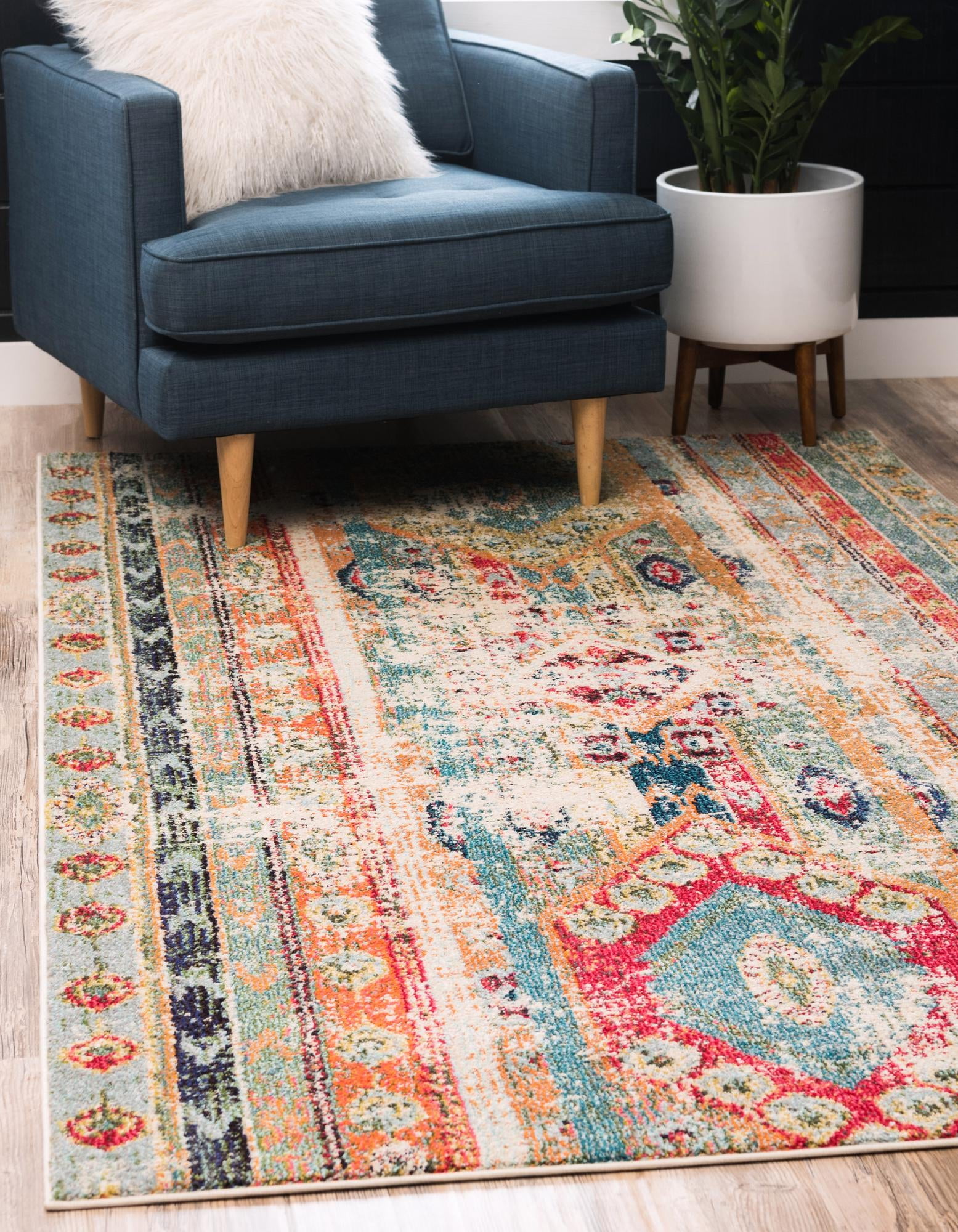 Blue Multicolor 4' x 6' Rectangular Synthetic Area Rug