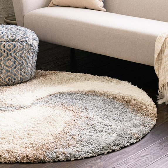 Unique Loom Soft Touch Shag Collection Area Rug - Selin (4' 1" Round Khaki/Ivory)