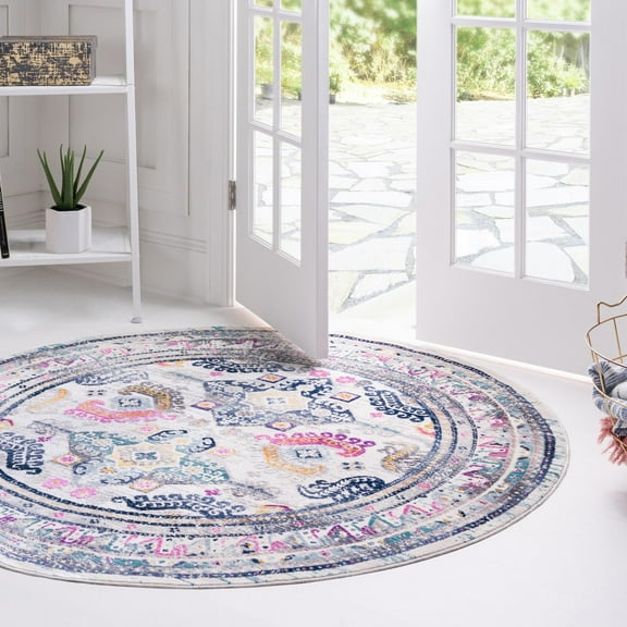 Unique Loom Budapest Collection Area Rug - Semmelweis (5' 1" Round Multi/Blue)